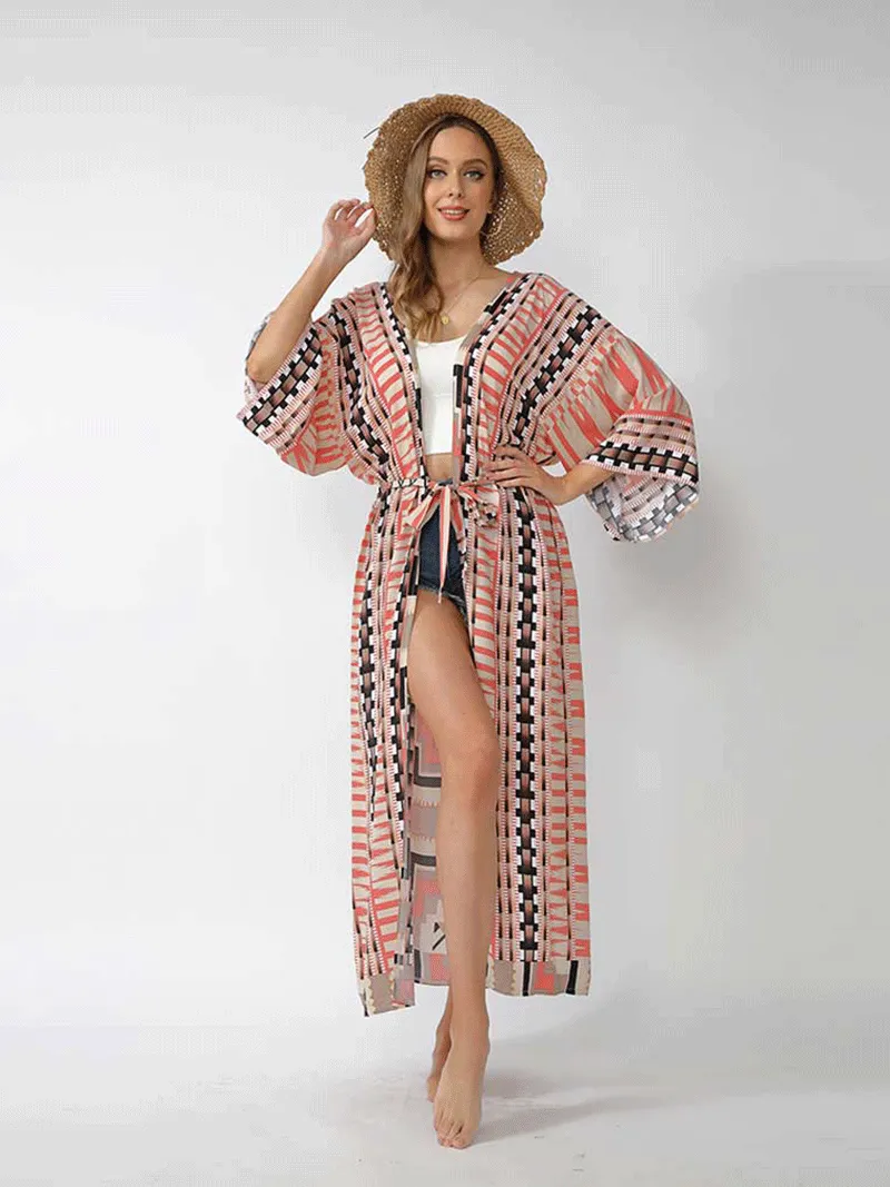 Printed Different Colors Polyester Long Length Gown Kimono Duster Robe