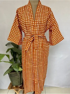 Pure Cotton Kimono Indian Handprinted Boho House Robe Summer Dress, Chocolaty Brown Checks Geometrical Beach Coverup Maternity Mom Bridal