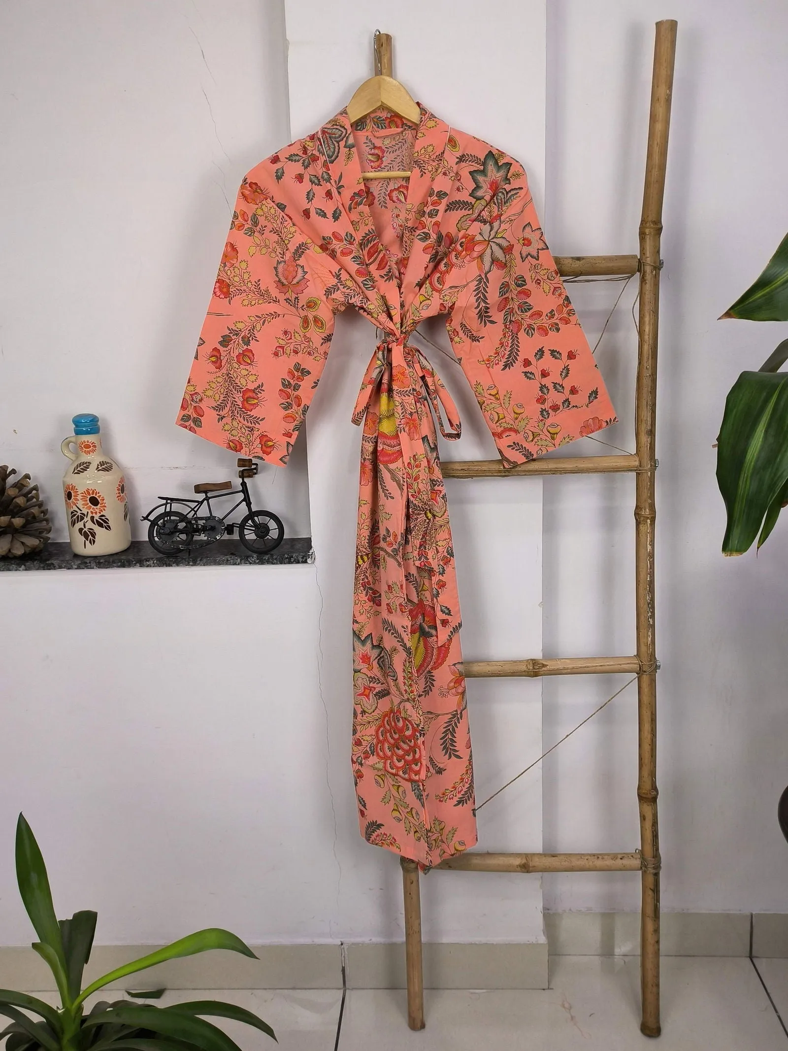 Pure Cotton Kimono Indian Handprinted Boho House Robe Summer Dress | Peach Red Floral Beach Cover Up Wear | Christmas Present, Gift For Her