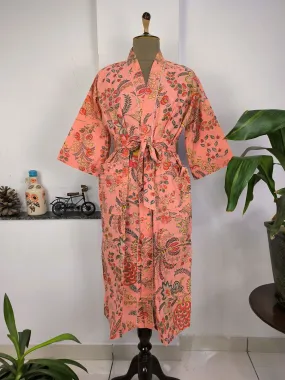 Pure Cotton Kimono Indian Handprinted Boho House Robe Summer Dress | Peach Red Floral Beach Cover Up Wear | Christmas Present, Gift For Her