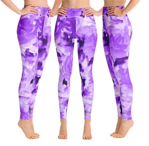 Purple Abstract Rose Women's Leggings, Purple Abstract Flower Floral Print Long Yoga Pants - Made in USA/EU