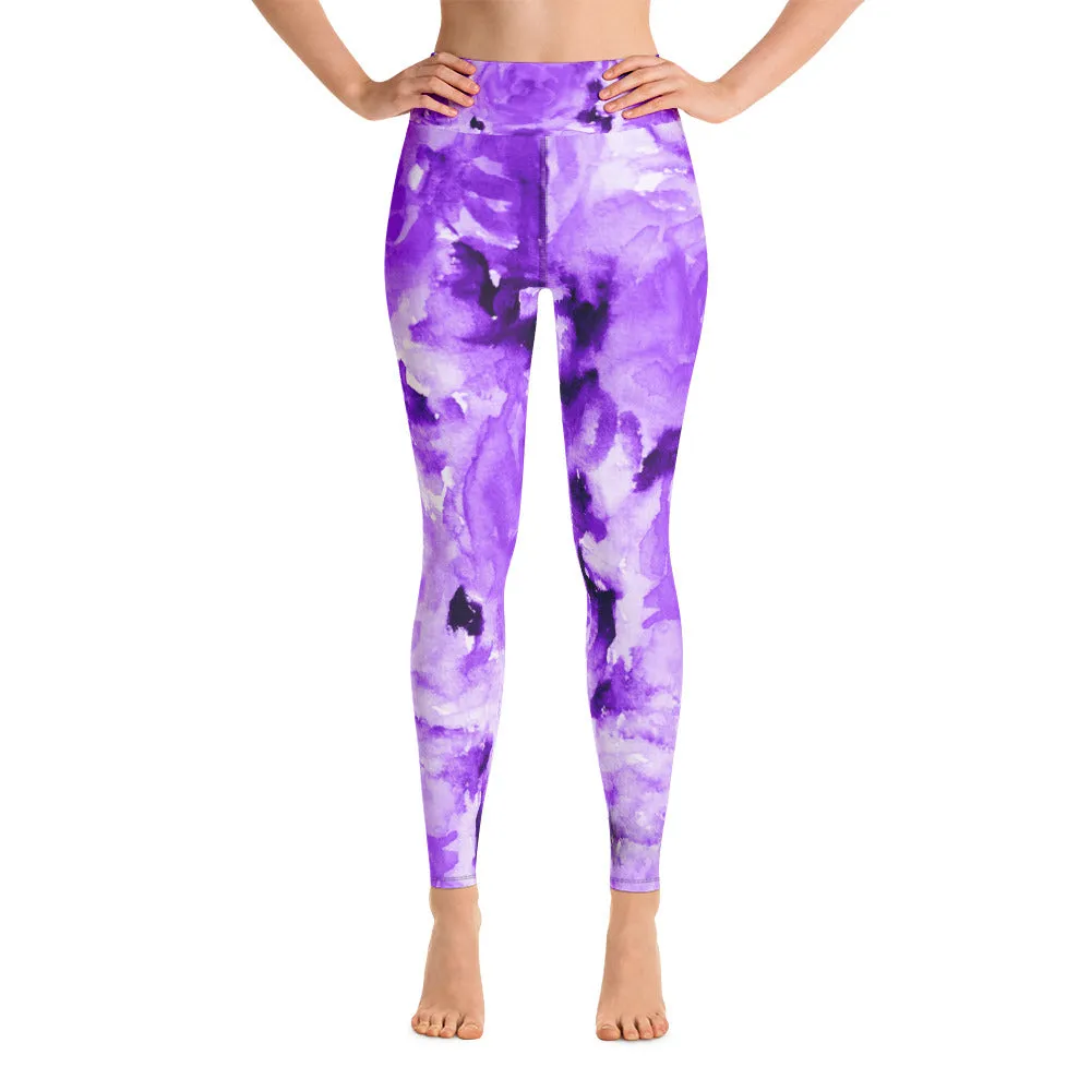 Purple Abstract Rose Women's Leggings, Purple Abstract Flower Floral Print Long Yoga Pants - Made in USA/EU