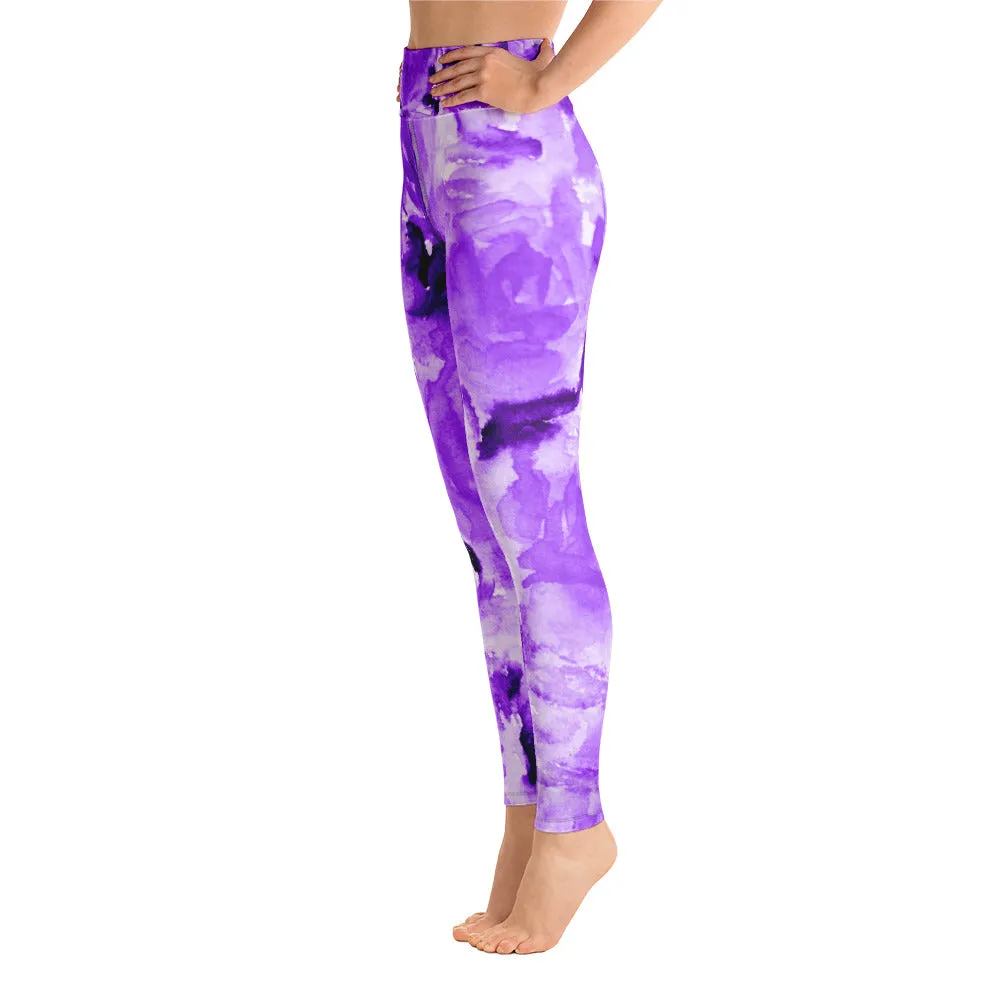 Purple Abstract Rose Women's Leggings, Purple Abstract Flower Floral Print Long Yoga Pants - Made in USA/EU