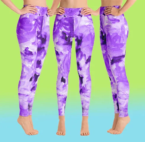 Purple Abstract Rose Women's Leggings, Purple Abstract Flower Floral Print Long Yoga Pants - Made in USA/EU