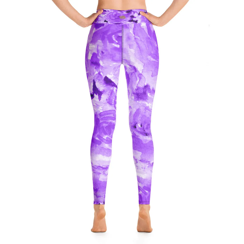 Purple Abstract Rose Women's Leggings, Purple Abstract Flower Floral Print Long Yoga Pants - Made in USA/EU