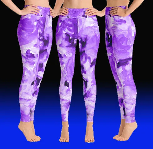 Purple Abstract Rose Women's Leggings, Purple Abstract Flower Floral Print Long Yoga Pants - Made in USA/EU