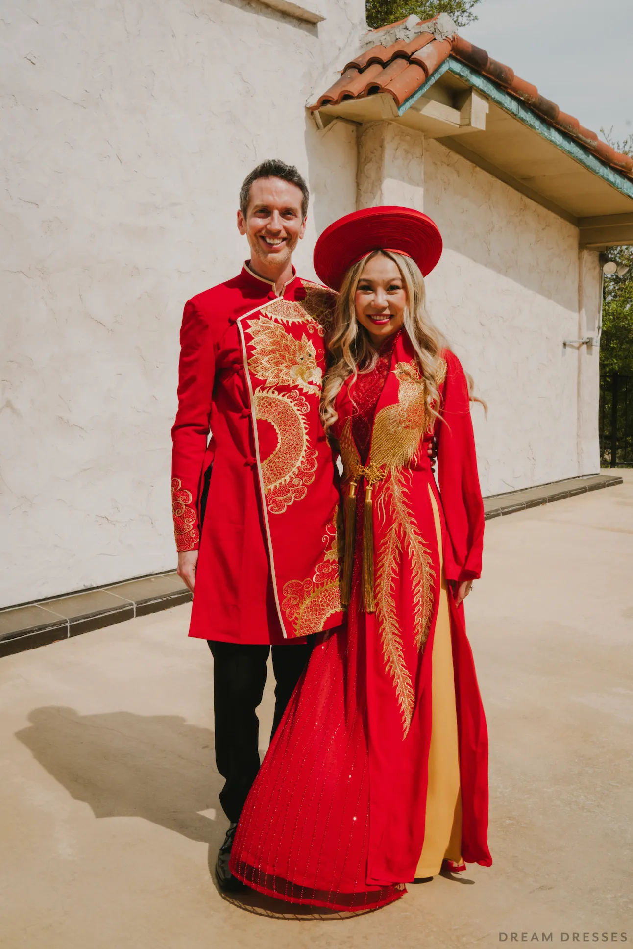 Red and Gold Ao Dai OverCoat | Traditional Vietnamese Bridal OverCoat (#FENGHUANG)