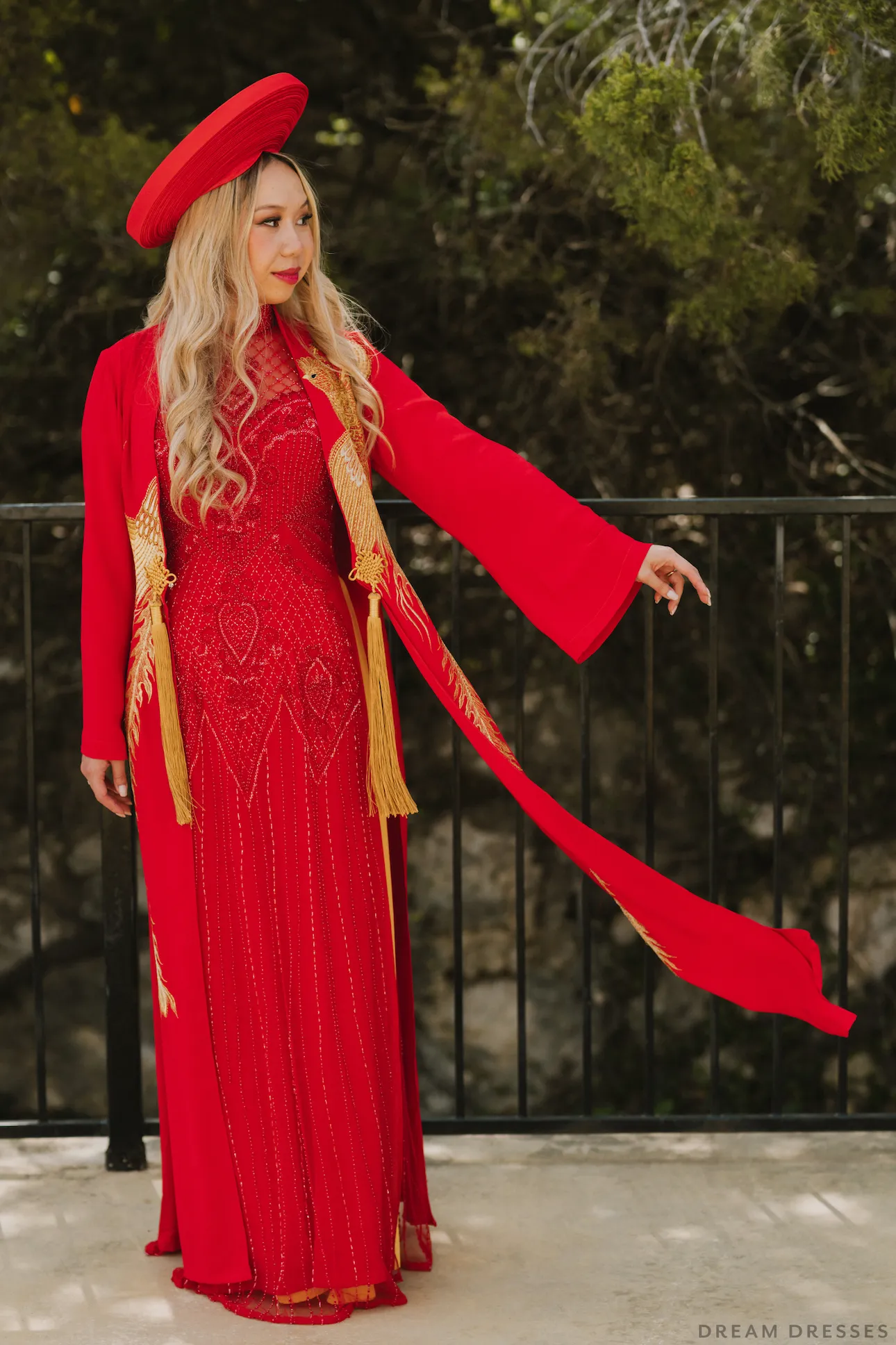 Red and Gold Ao Dai OverCoat | Traditional Vietnamese Bridal OverCoat (#FENGHUANG)