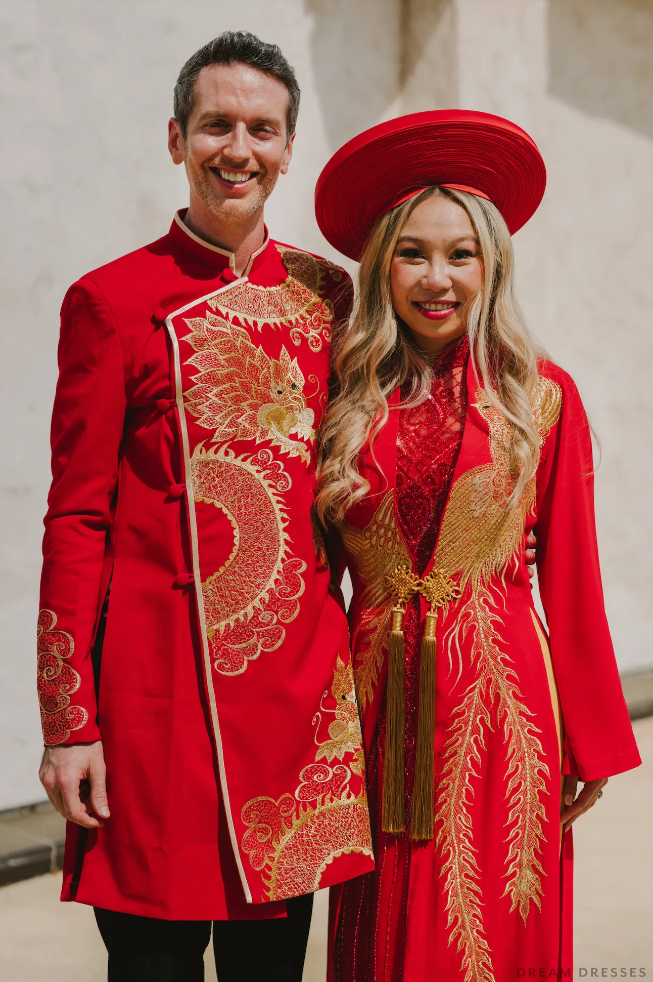 Red and Gold Ao Dai OverCoat | Traditional Vietnamese Bridal OverCoat (#FENGHUANG)