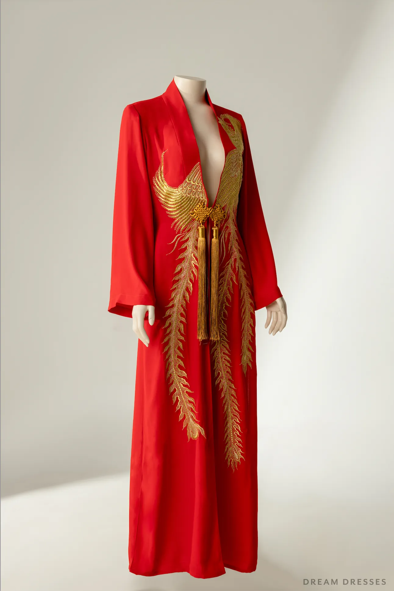 Red and Gold Ao Dai OverCoat | Traditional Vietnamese Bridal OverCoat (#FENGHUANG)