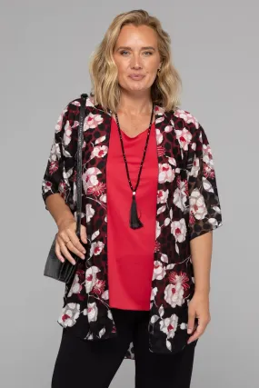 Red Flower Printed Net Knit Short Sleeve Kimono