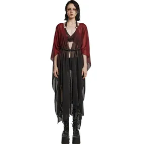 Red Moon Rising - women's Gothic black and red gradient chiffon duster with an open front and beaded rope belt