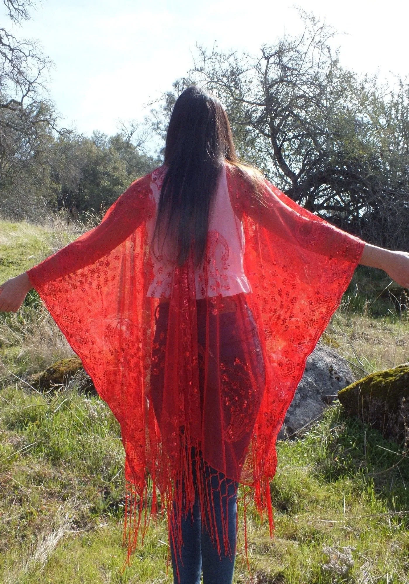 Red Sequin Peacock Embroidered Caftan Kimono Top Duster One Size