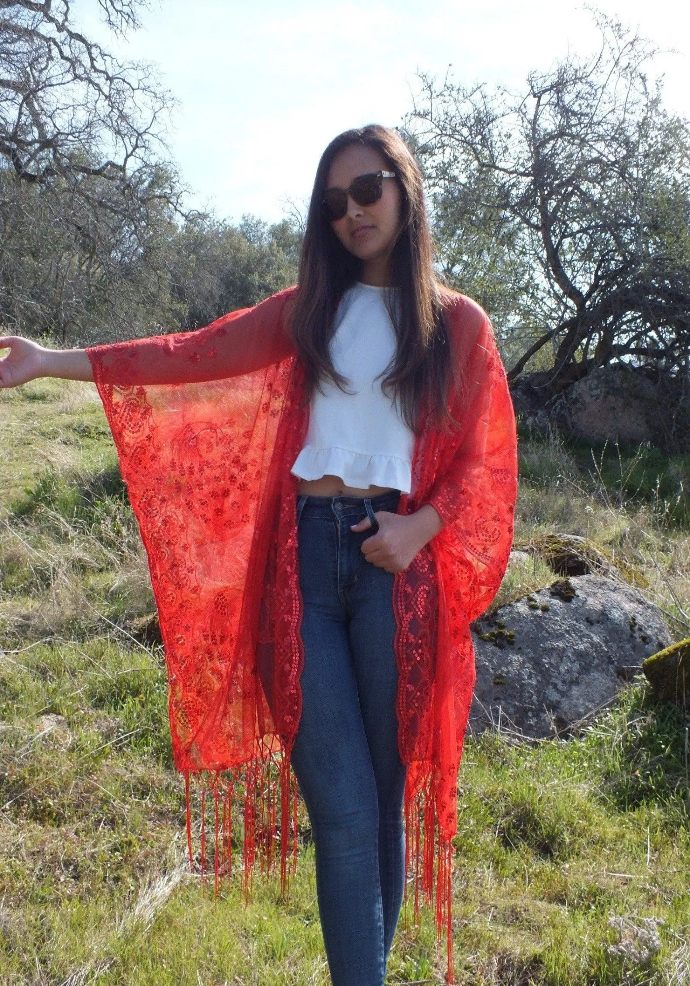 Red Sequin Peacock Embroidered Caftan Kimono Top Duster One Size