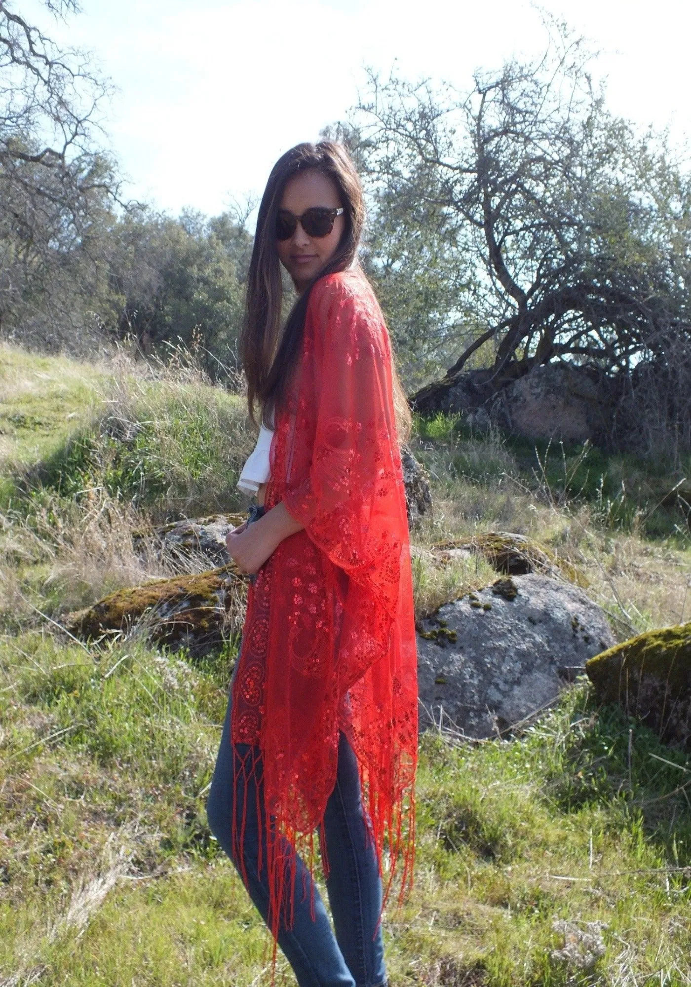 Red Sequin Peacock Embroidered Caftan Kimono Top Duster One Size