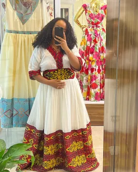 Red with Golden Traditional Ethiopian Dress: Captivating Cultural Embellishment Habesha Dress for Your Next Event Habesha Kemis