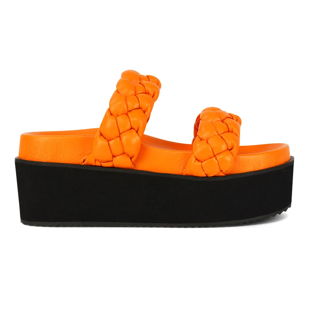 Regina Woven Double Strap Flatform Slip On Sandals in Orange Synthetic Leather