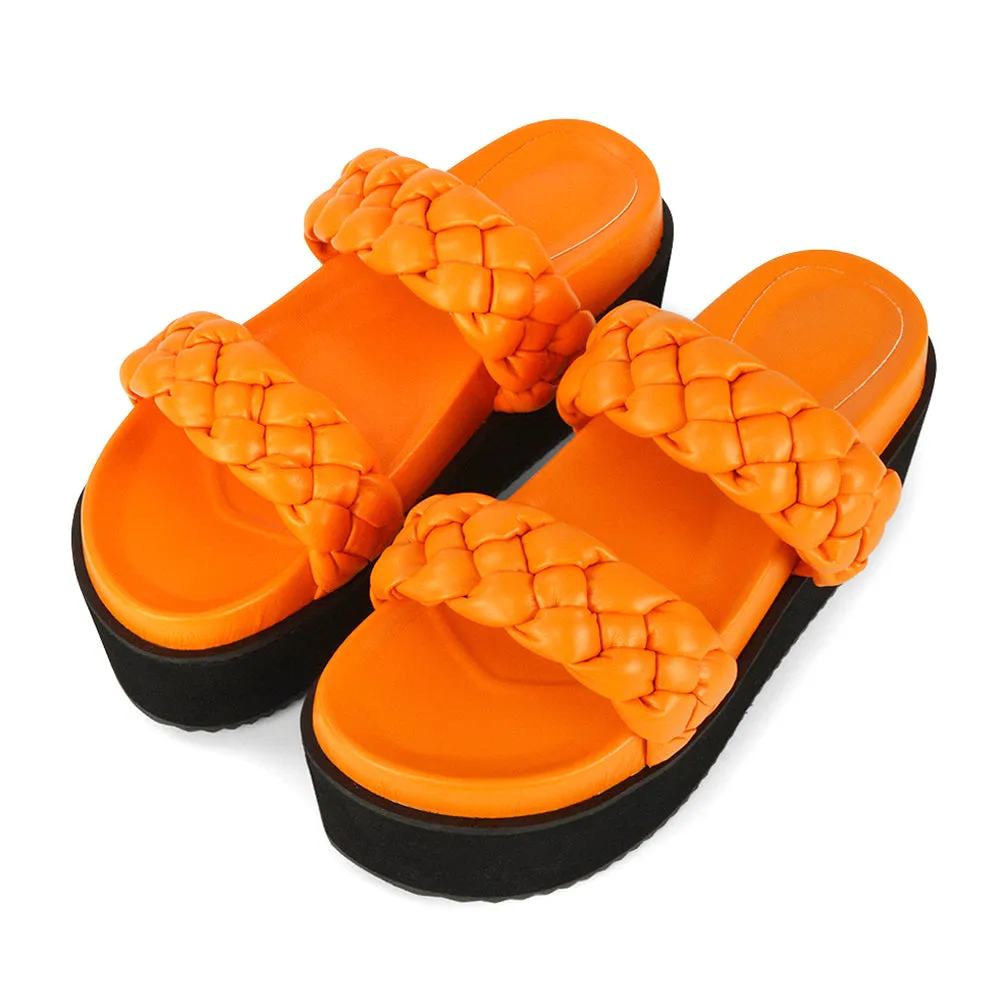 Regina Woven Double Strap Flatform Slip On Sandals in Orange Synthetic Leather