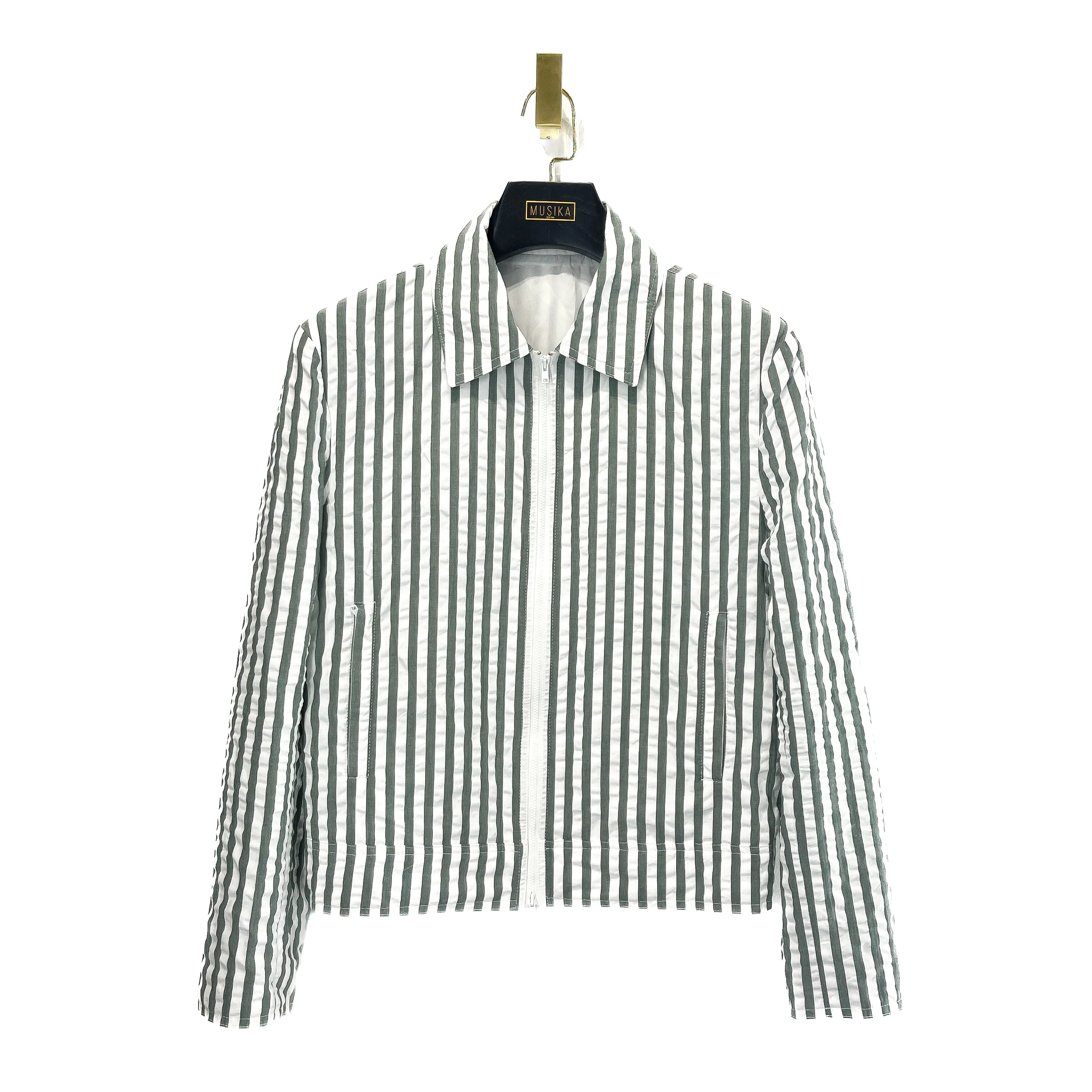 Sage White Bold Stripe Seersucker Blouson Jacket