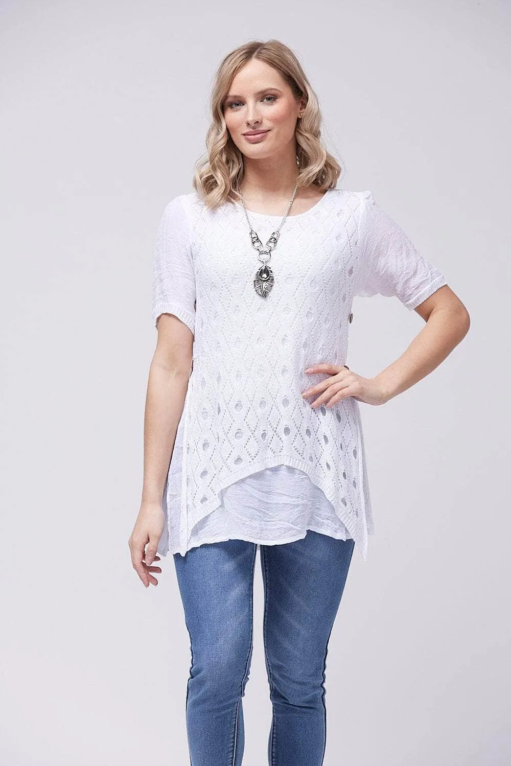 Saloos Pointelle Design Layered Top with Necklace