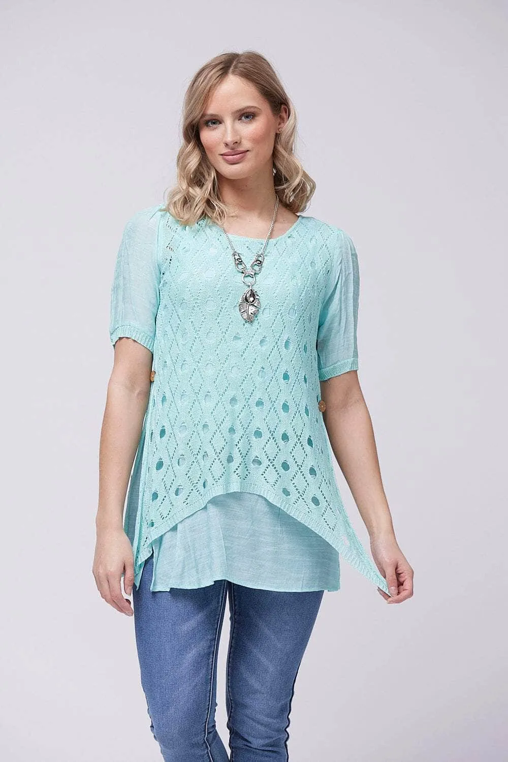 Saloos Pointelle Design Layered Top with Necklace