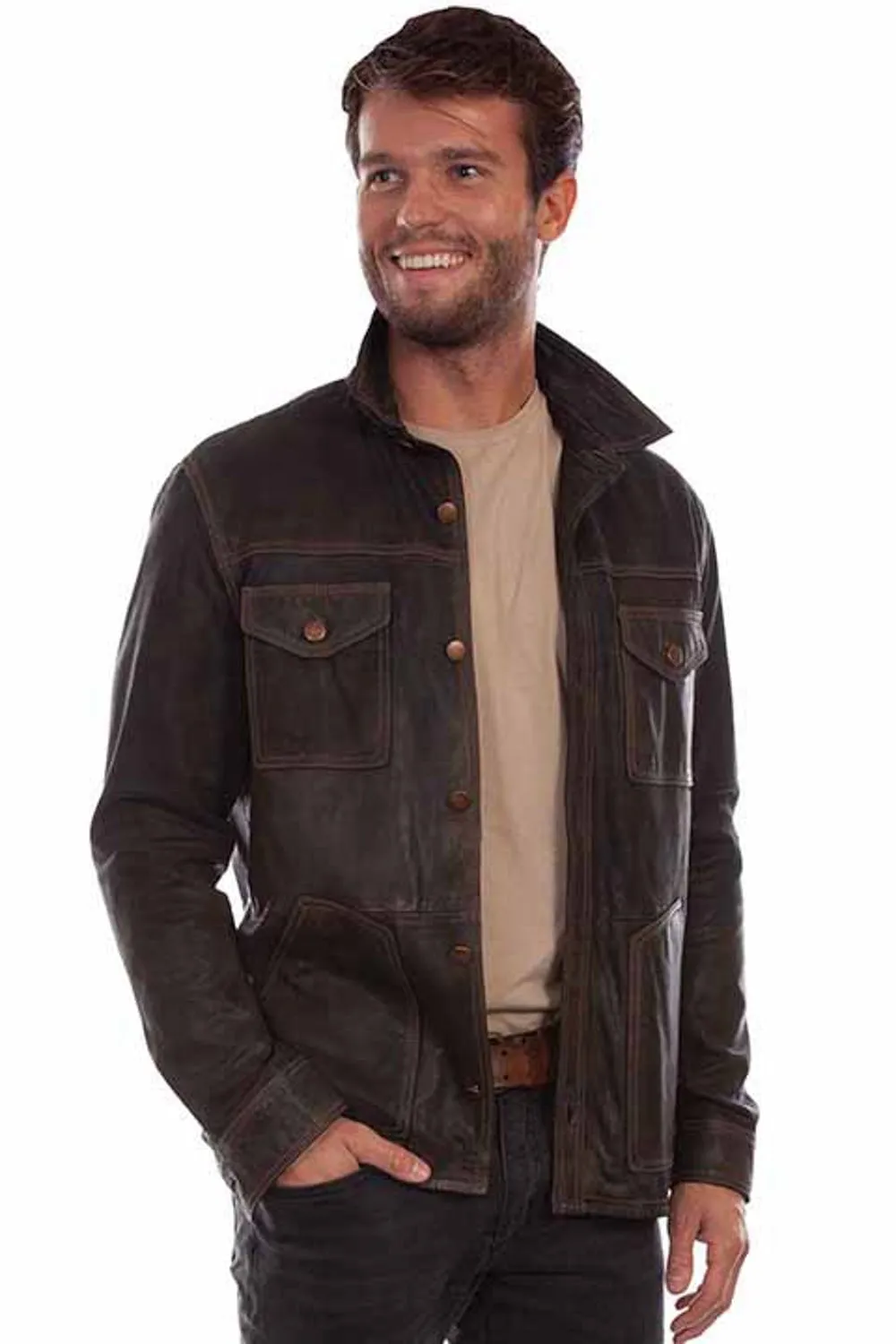 Scully Mens Button Up Jean Chocolate Leather Leather Jacket