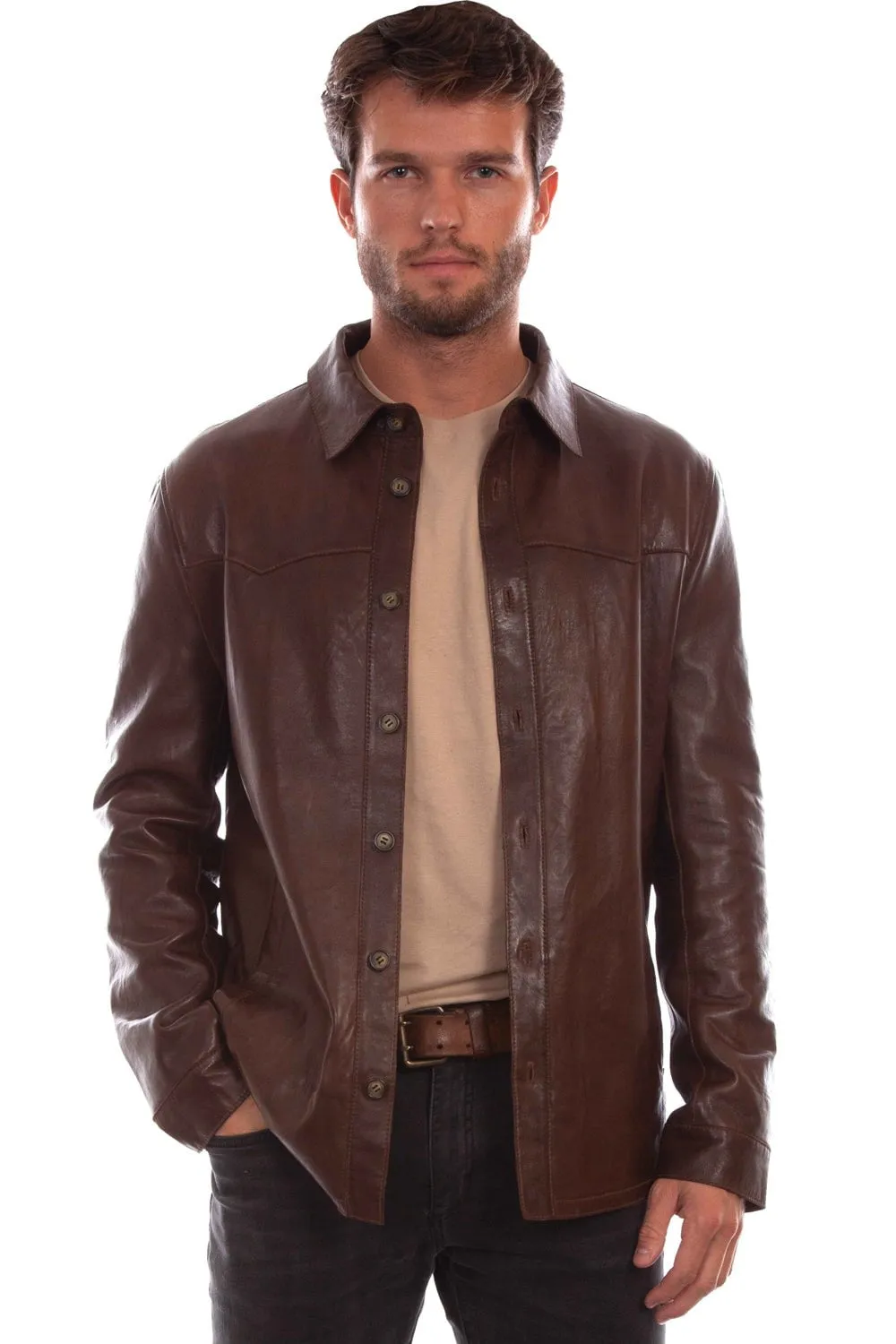 Scully Mens Western Shirt Chocolate Leather Leather Jacket