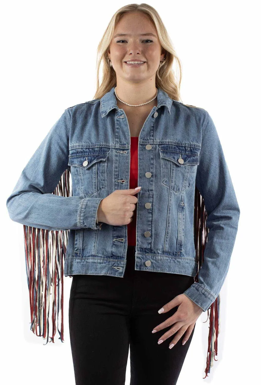 Scully Womens Americana Denim Fringe Red/White/Blue Cotton Blend Cotton Jacket