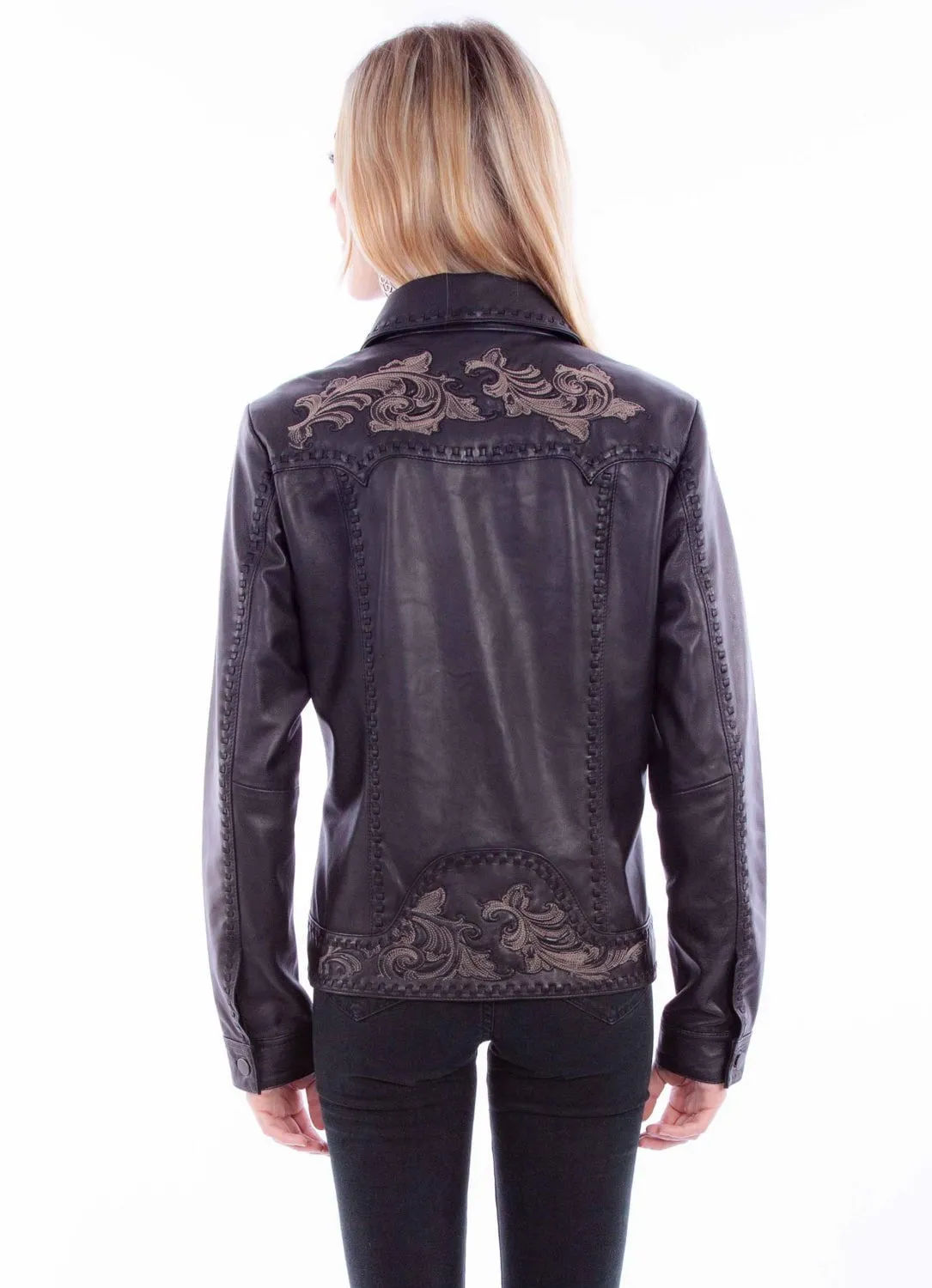 Scully Womens Classic Scroll Embroidery Black Leather Leather Jacket