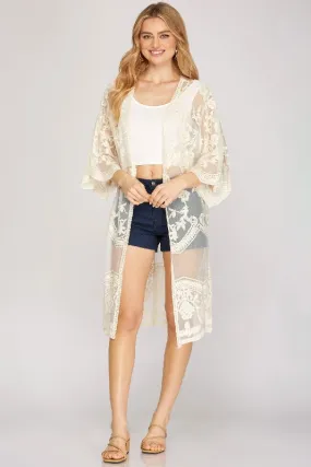 She   Sky Lace Midi Long Kimono Cardigan - Cream