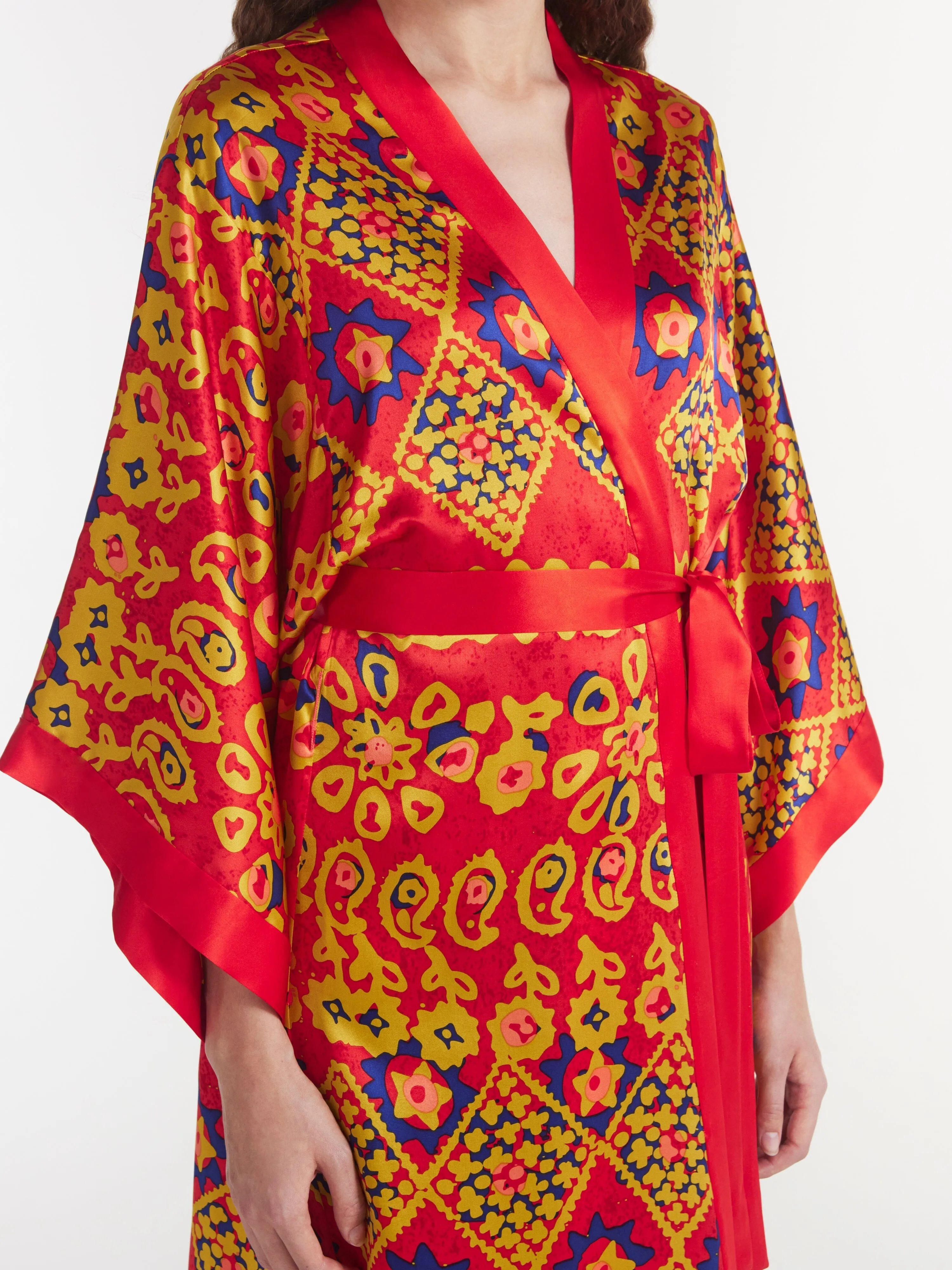 Silk Kimono Robe in Ruby Batik