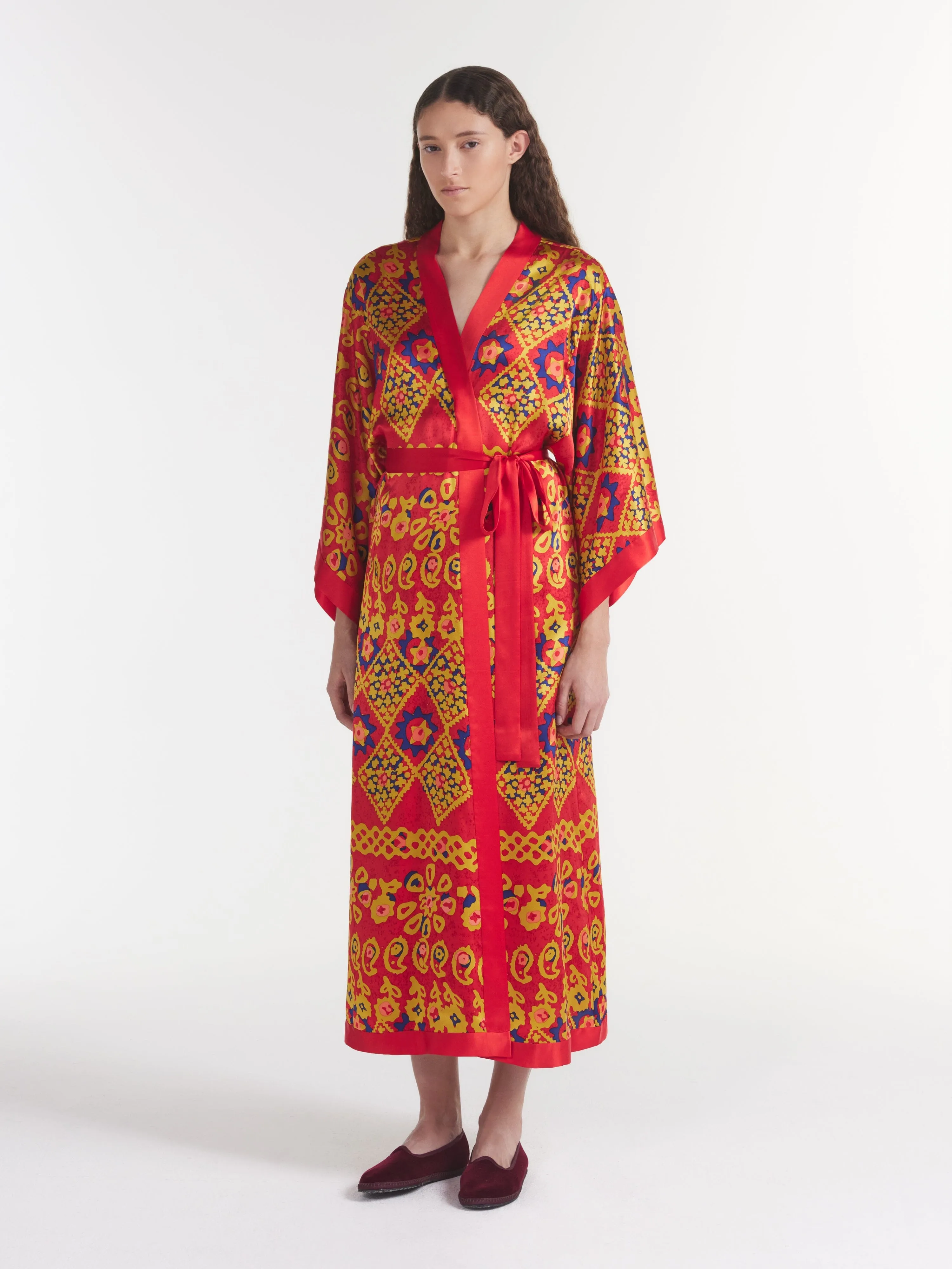 Silk Kimono Robe in Ruby Batik