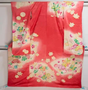 Silk Pinkish Reddish Furisode - Retro 1980s Abstract Flowers & Leaves Springtime Long Sleeve Kimono