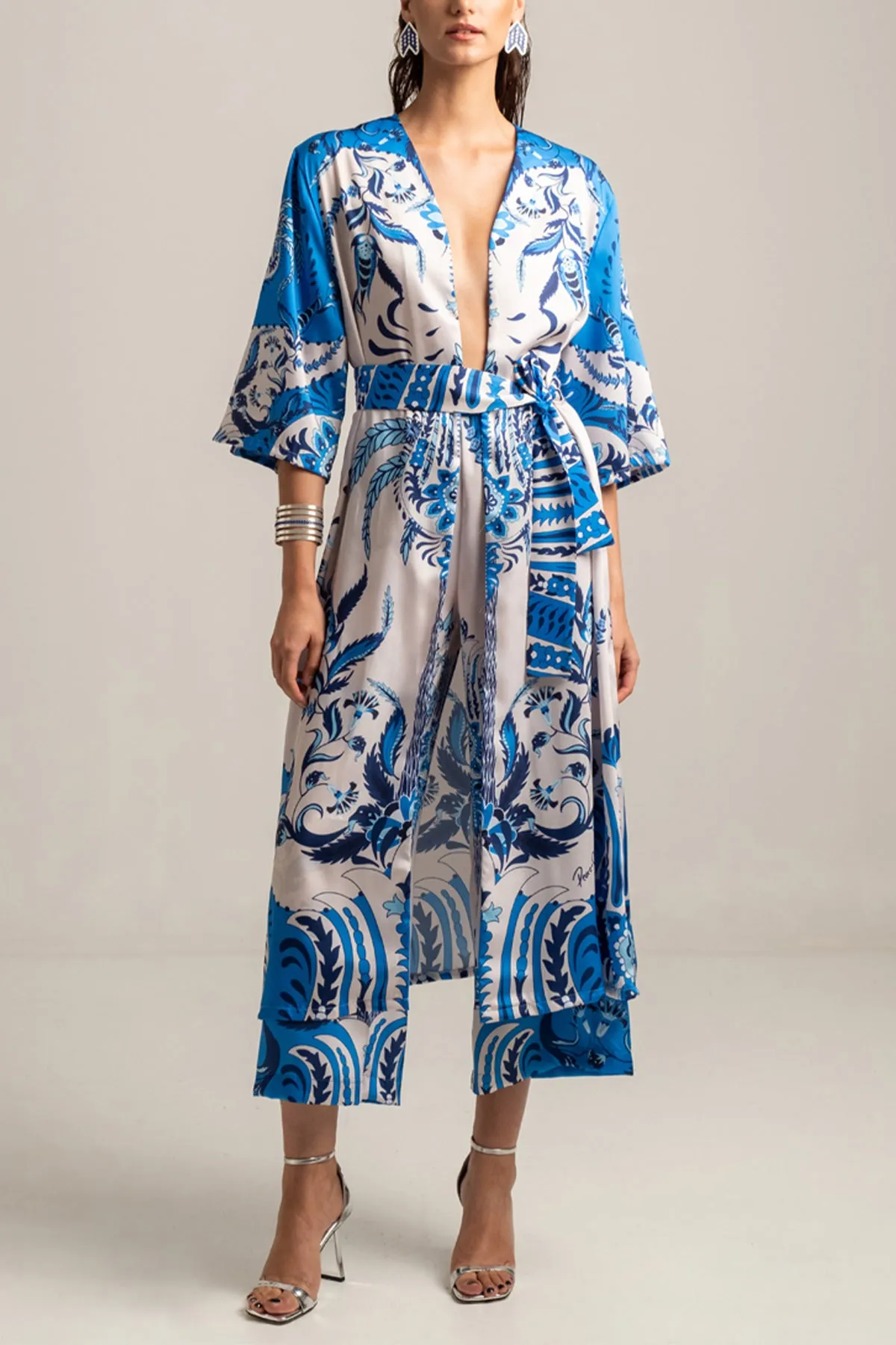 SILKY KIMONO "DAMASK" WHITE/BLUE