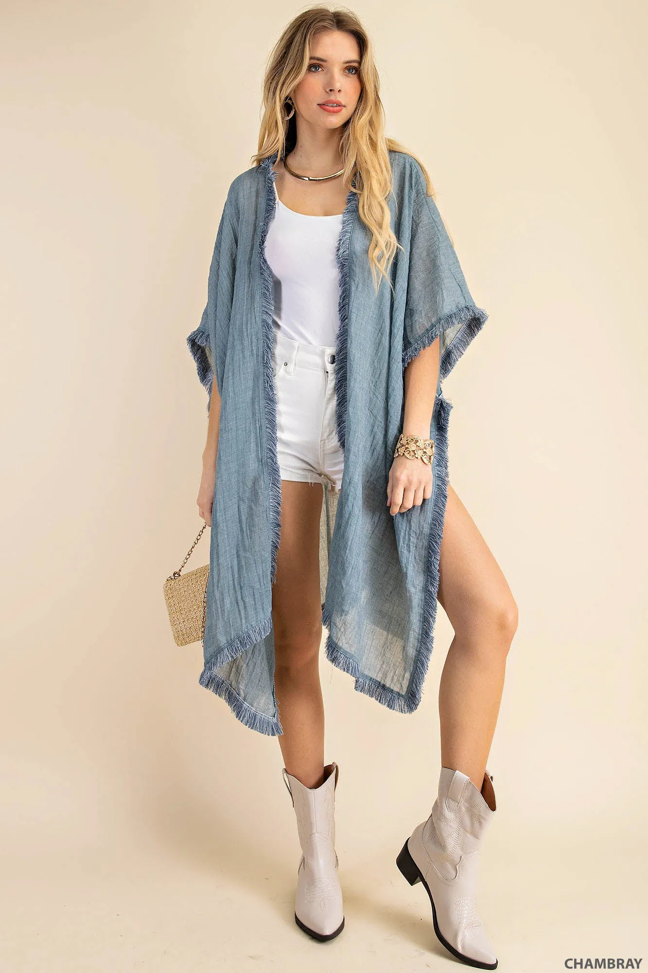 Soft fabric fringe trim cover up kimono with fringe