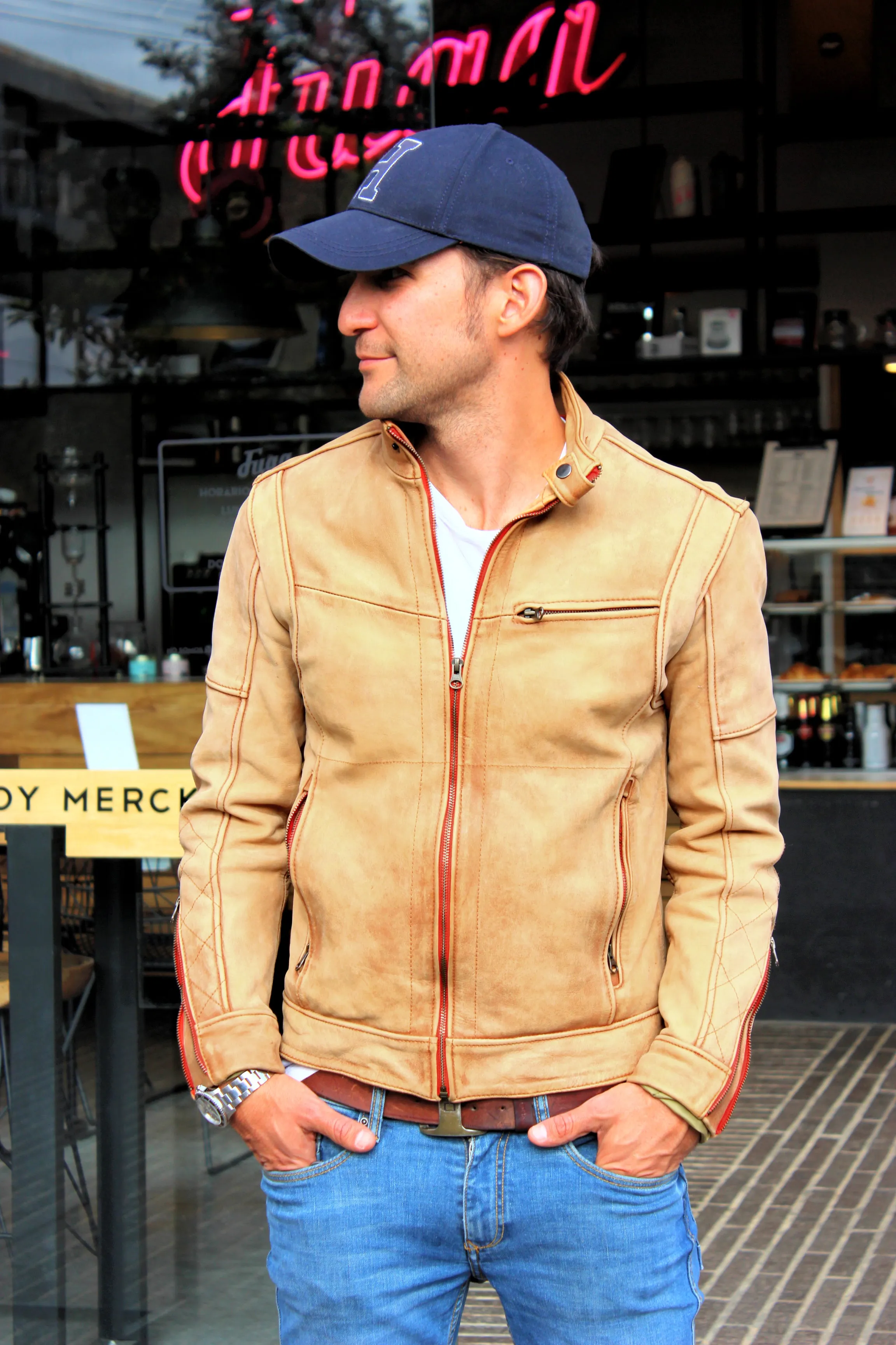 SOL STORM Leather Jacket Pre-Washed Tan Leather  - Cafe Racer