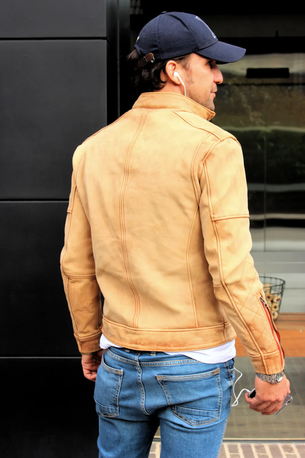 SOL STORM Leather Jacket Pre-Washed Tan Leather  - Cafe Racer