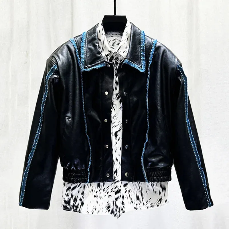 Solid Black Patchwork Splicing Jacket