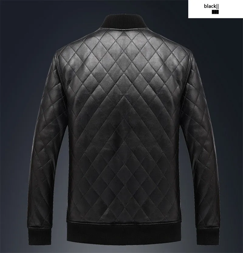 Solid Warm Fleece Plaid Stand Collar Men PU Leather Jacket