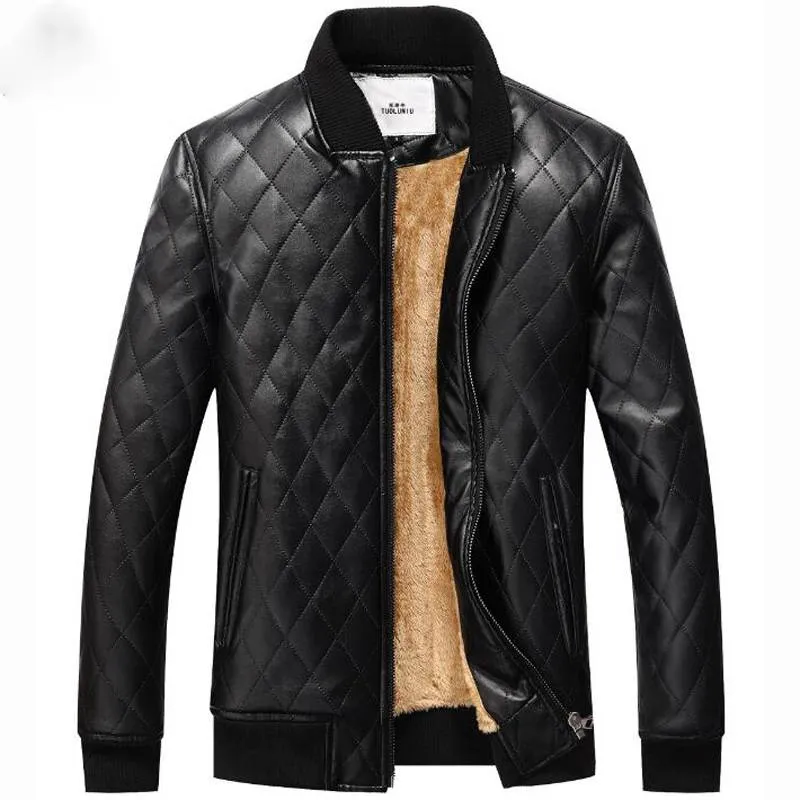 Solid Warm Fleece Plaid Stand Collar Men PU Leather Jacket