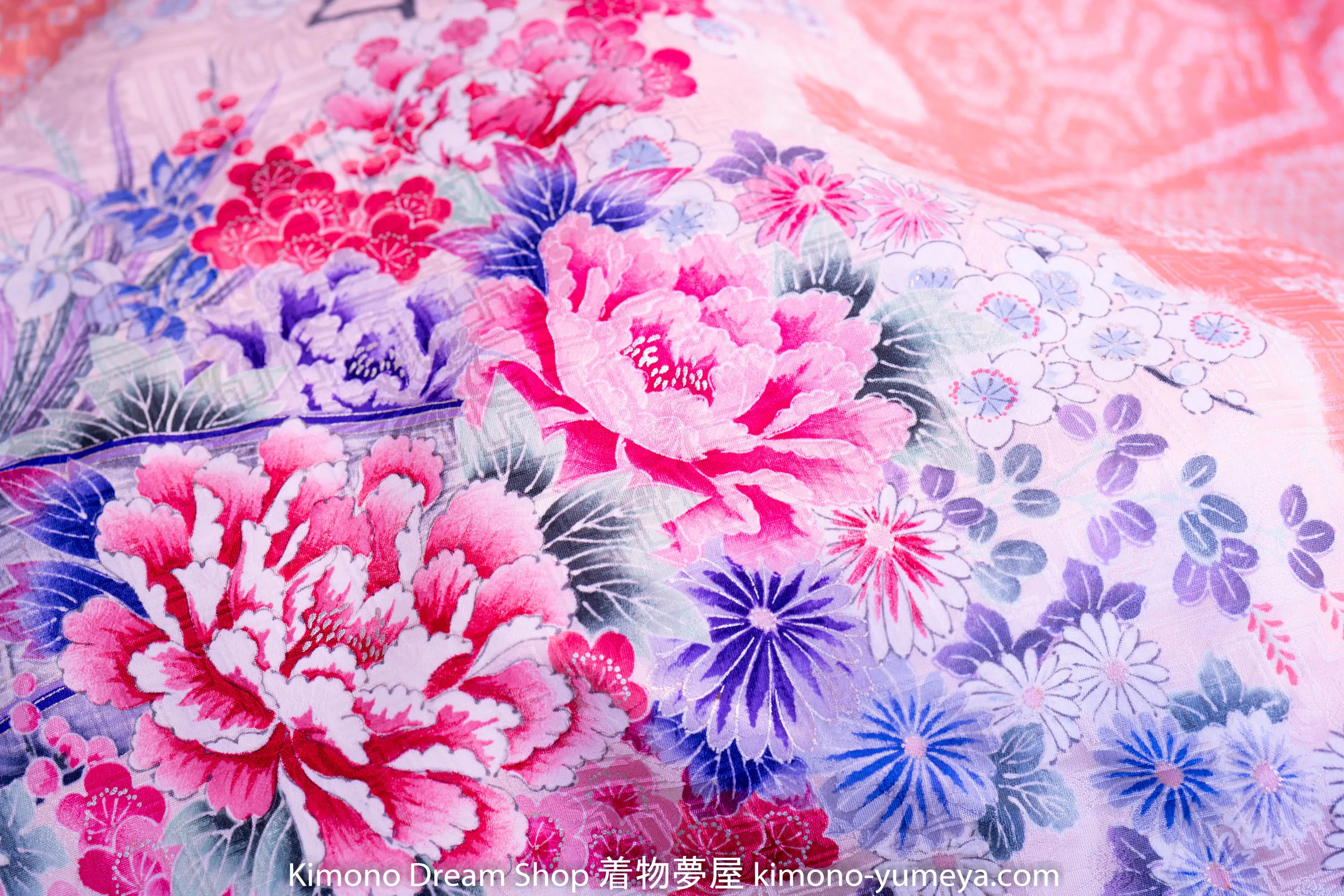 Stunning Pink Shibori Furisode - Hand Painted Botan Peonies Chrysanthemum Koto Instrument Wedding