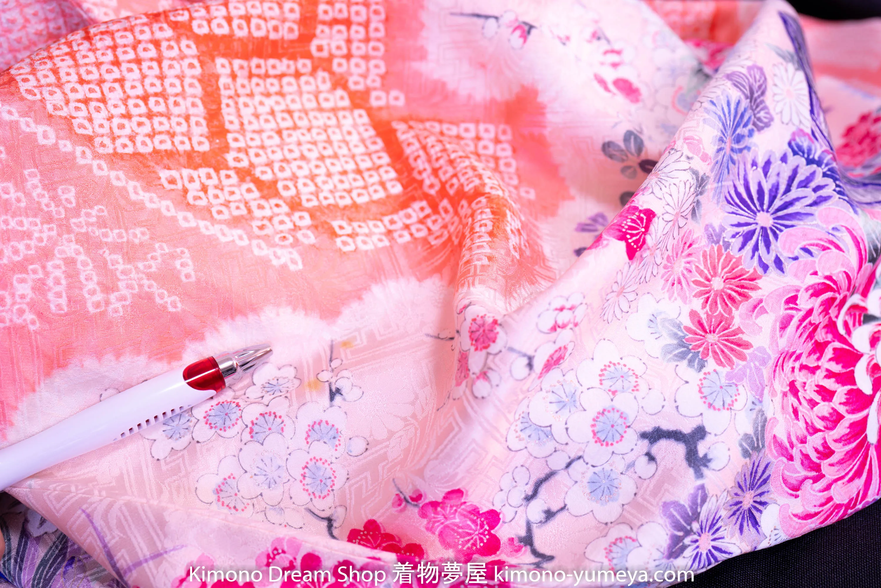 Stunning Pink Shibori Furisode - Hand Painted Botan Peonies Chrysanthemum Koto Instrument Wedding