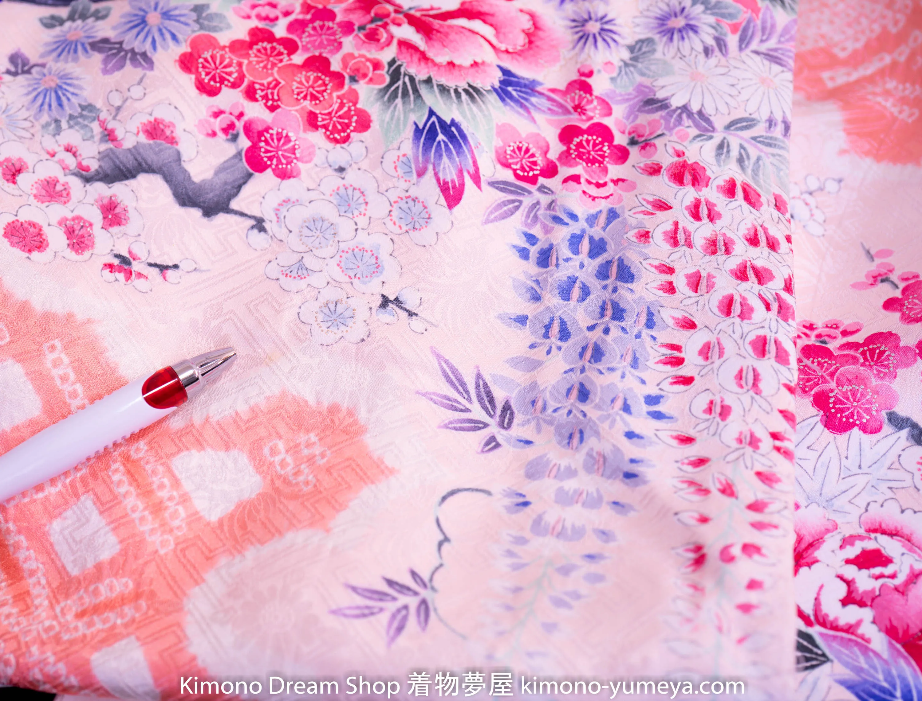 Stunning Pink Shibori Furisode - Hand Painted Botan Peonies Chrysanthemum Koto Instrument Wedding