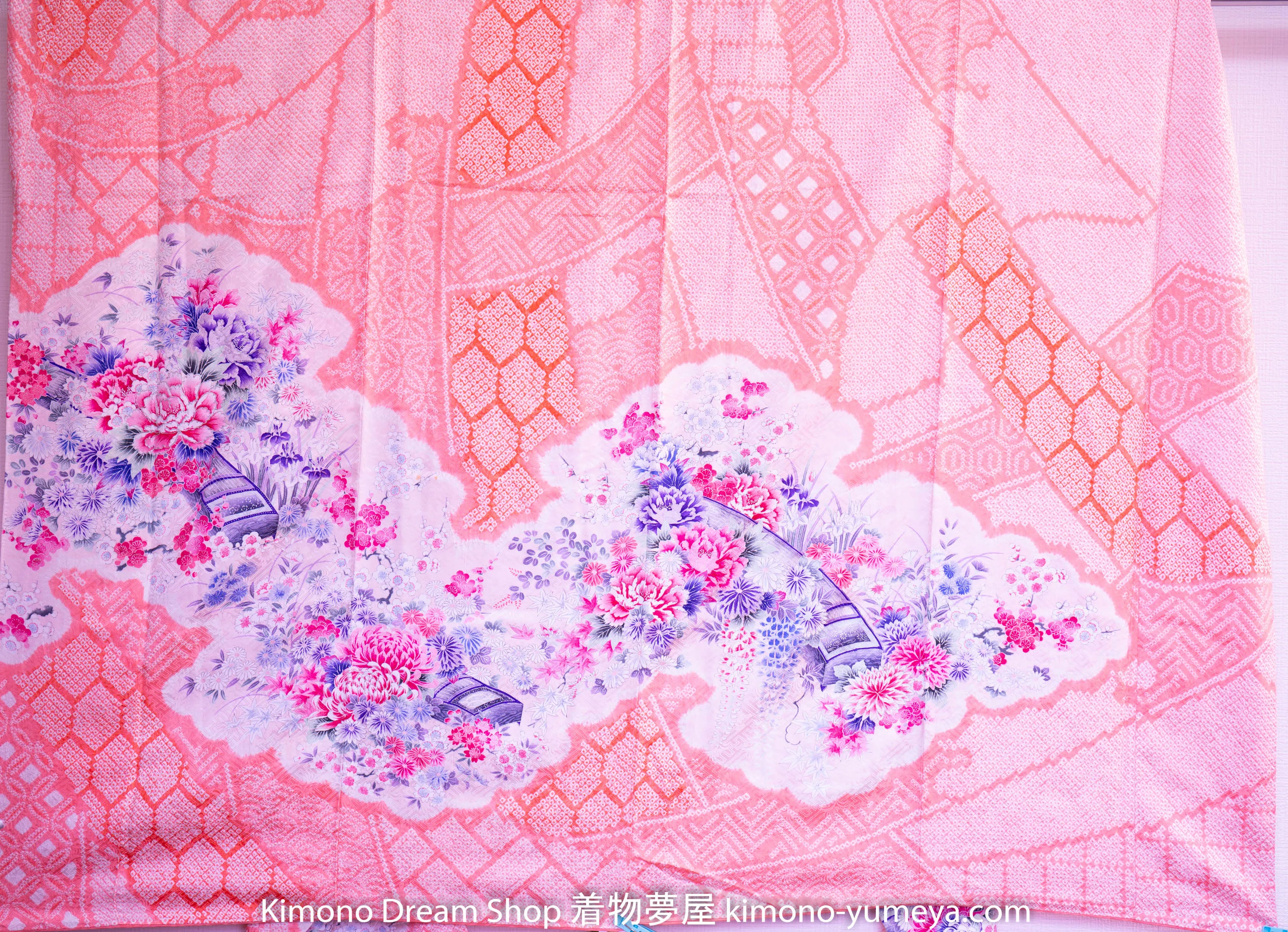 Stunning Pink Shibori Furisode - Hand Painted Botan Peonies Chrysanthemum Koto Instrument Wedding