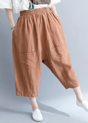 summer new khaki cotton linen pants plus size elastic waist crop pants