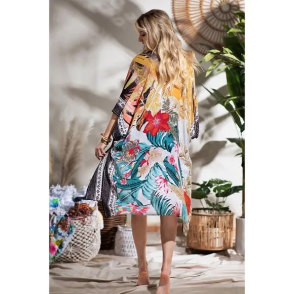 Tahiti Colorful Tropical Floral Vacation Open Kimono Wrap Coverup Top Women's