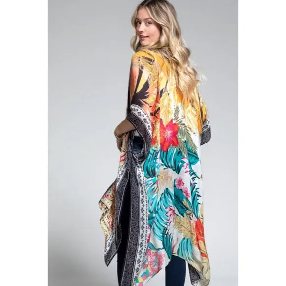 Tahiti Colorful Tropical Floral Vacation Open Kimono Wrap Coverup Top Women's