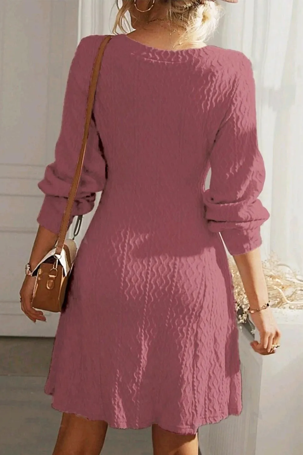 Textured V-Neck Long Sleeve Mini Dress | Winter Fashion | Winter Dresses