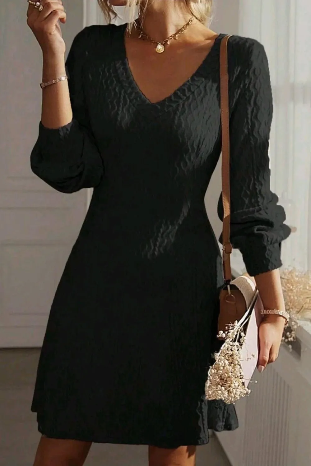 Textured V-Neck Long Sleeve Mini Dress | Winter Fashion | Winter Dresses