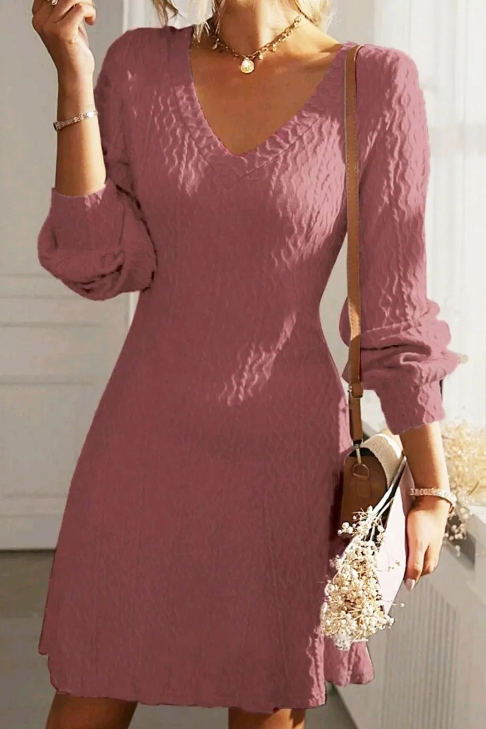 Textured V-Neck Long Sleeve Mini Dress | Winter Fashion | Winter Dresses